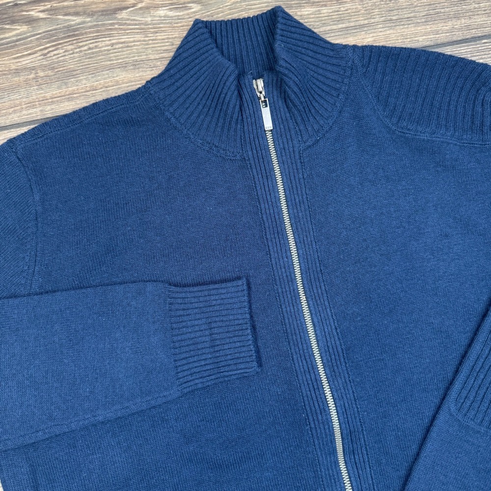 BMW Mens Size XL Full Zip Sweater Navy Blue Wool Blend Ribbed Mock Neck